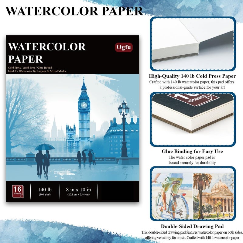 Ogfu Water Color Paper 8x10, 16 Sheets (32 Pages) Cold Pressed Watercolor Paper 140 lb, Water Color Sketch Books for Adults, Painting Paper for Artists & Beginners. - Image 4